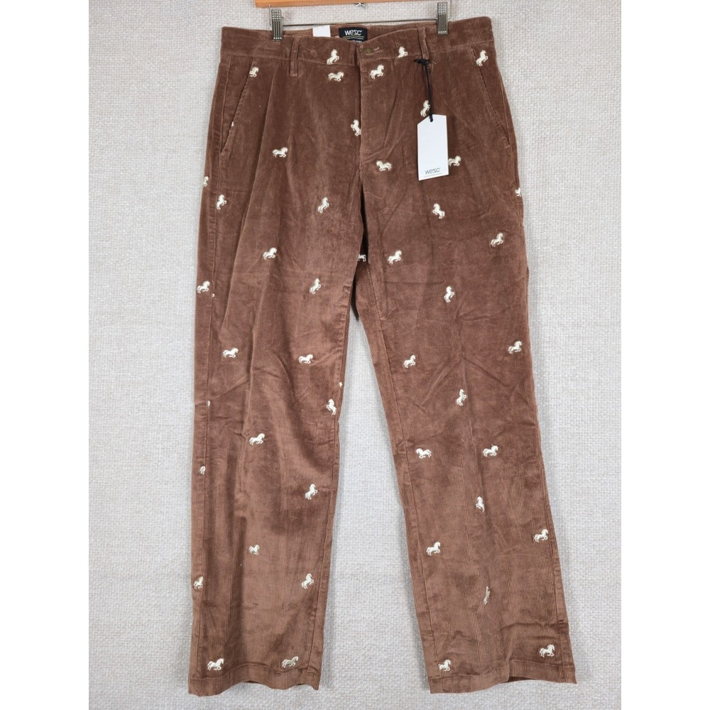 WeSC Relaxed Fit Corduroy Unisex Pants Bison Brown Embroidered Horses 34x32 NEW‎